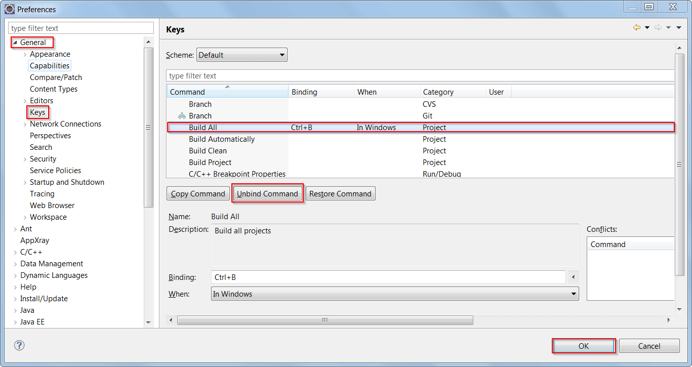 macos Remove "Build Workspace" keyboard shortcut from Eclipse Stack