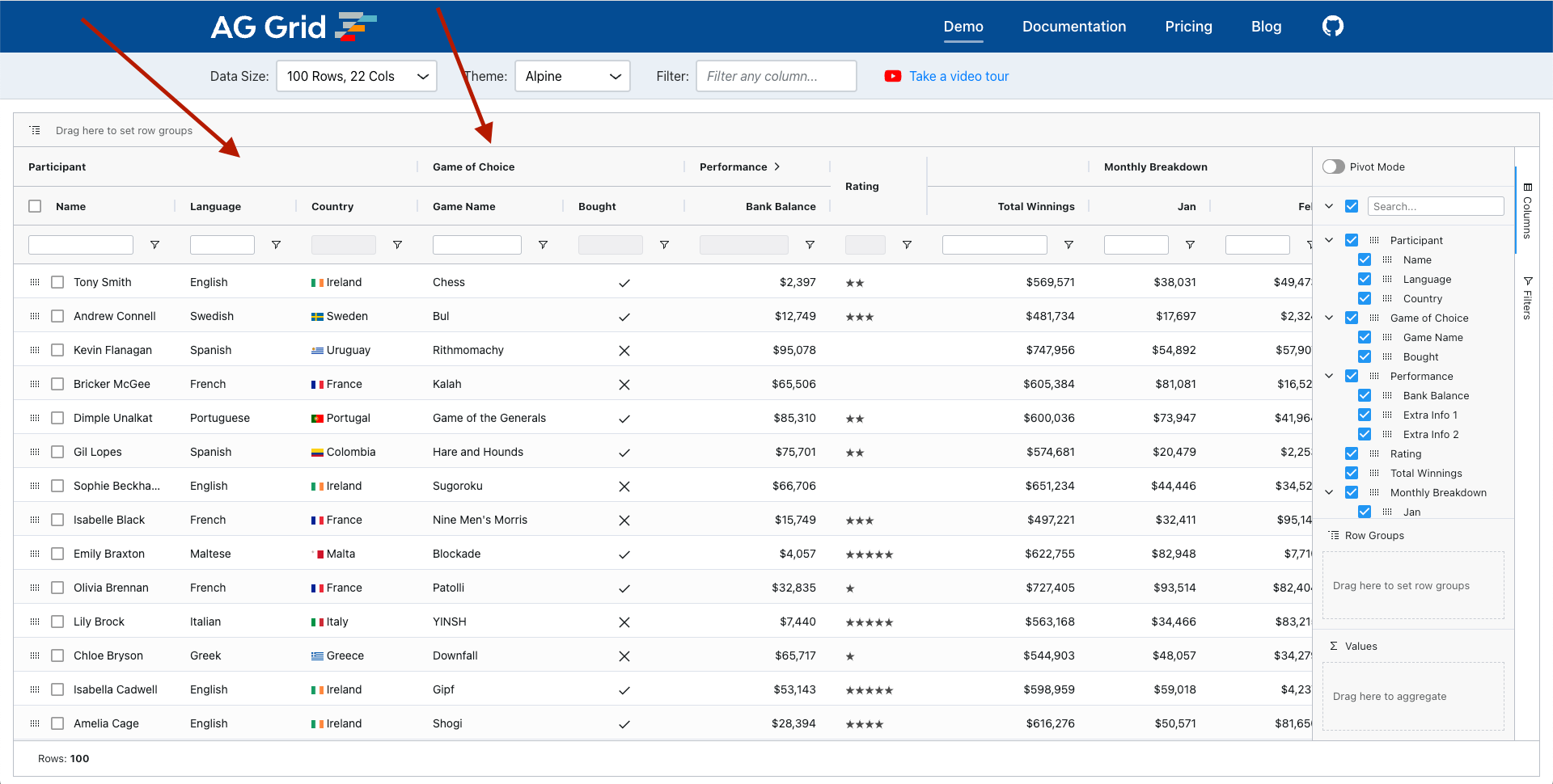 javascript AG Grid, column chooser with parent groups, but without