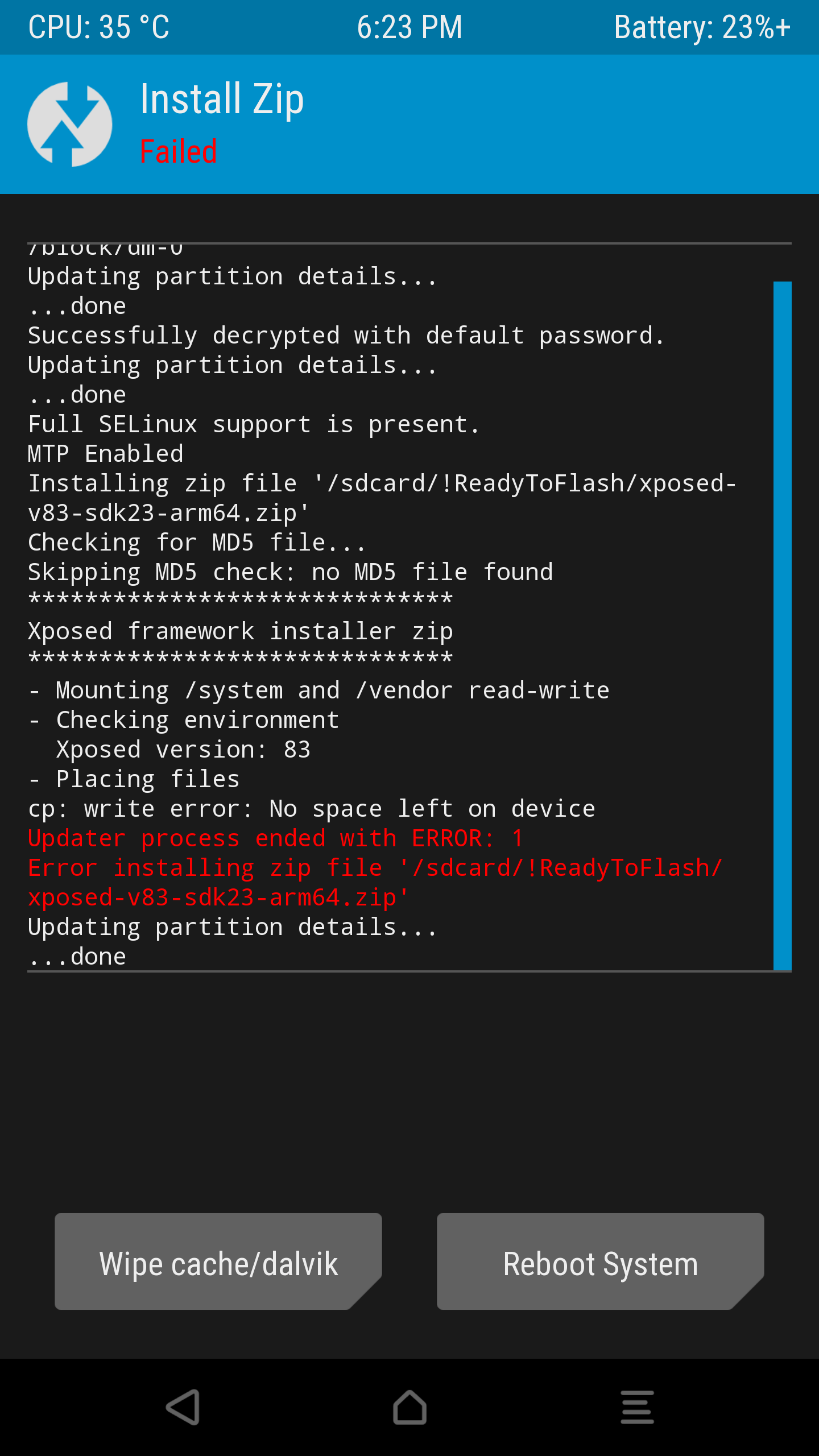 root access Error installing Xposed Framework Android