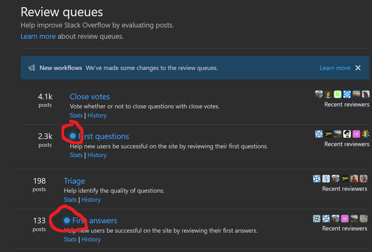What does the blue dot in front of the review queues mean? Meta Stack