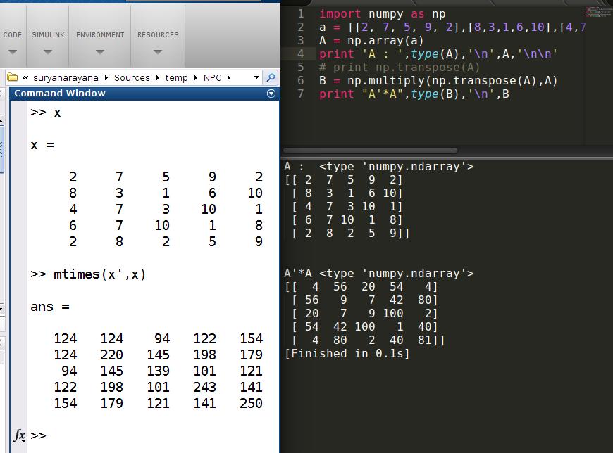 Matrix multiplication resulting in different values in MATLAB and NUMPY
