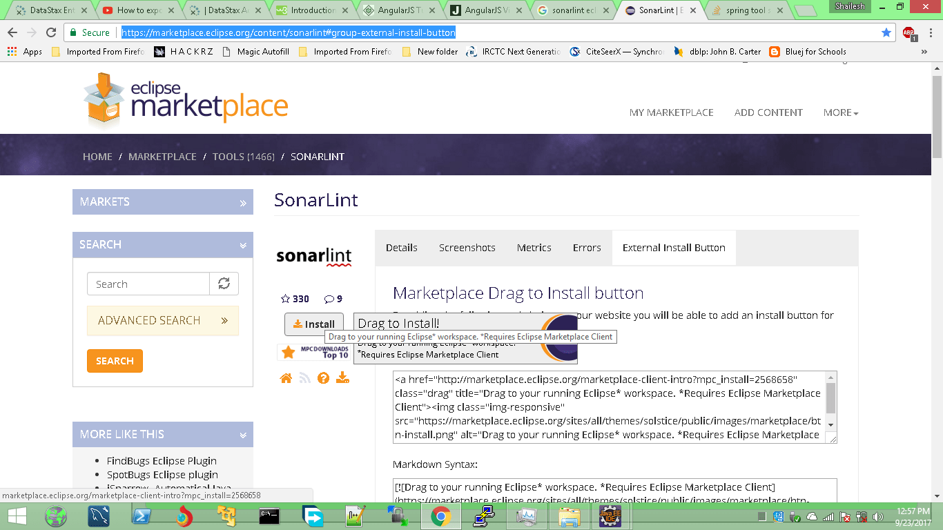 spring tool suite Not able to install sonarlint plugin