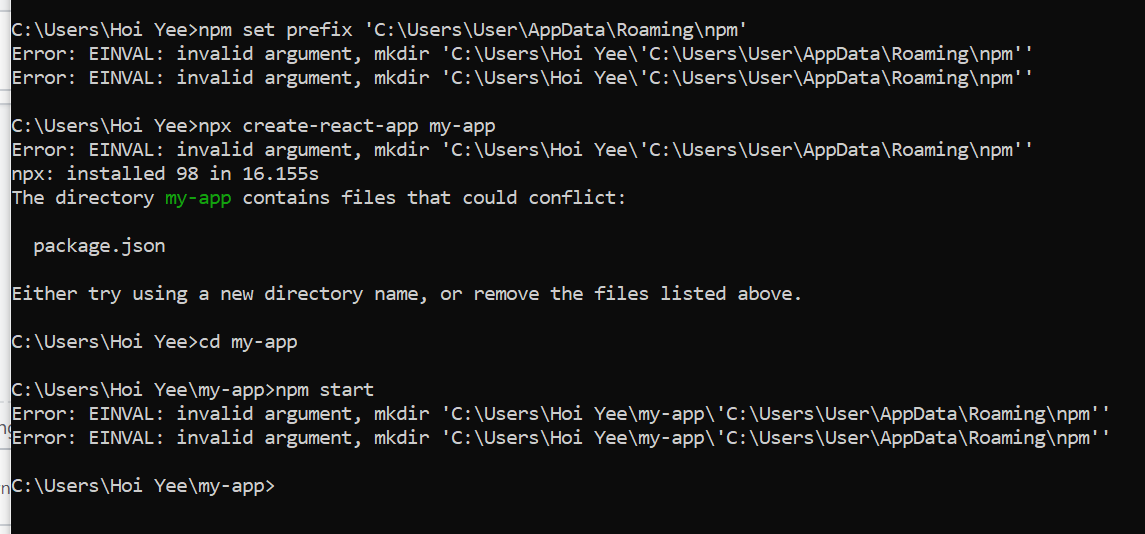 reactjs Error EPERM operation not permitted, mkdir ',C\Users