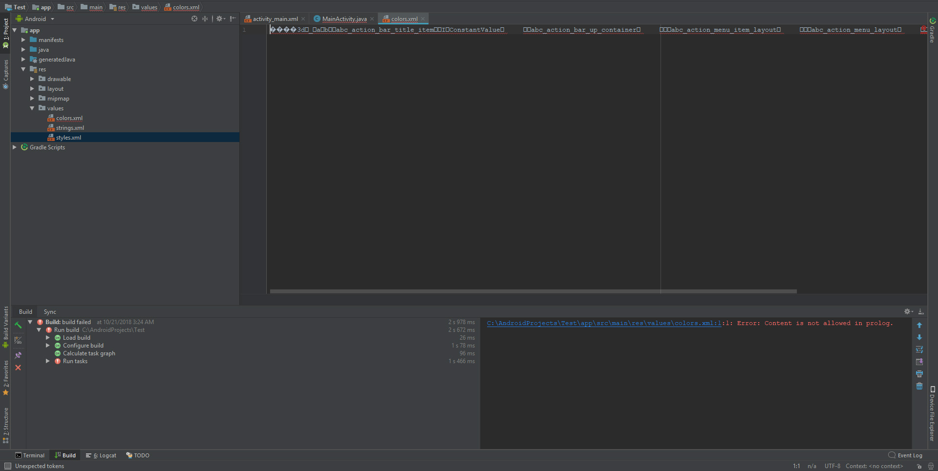 Android Studio create project generate colors.xml with junk characters
