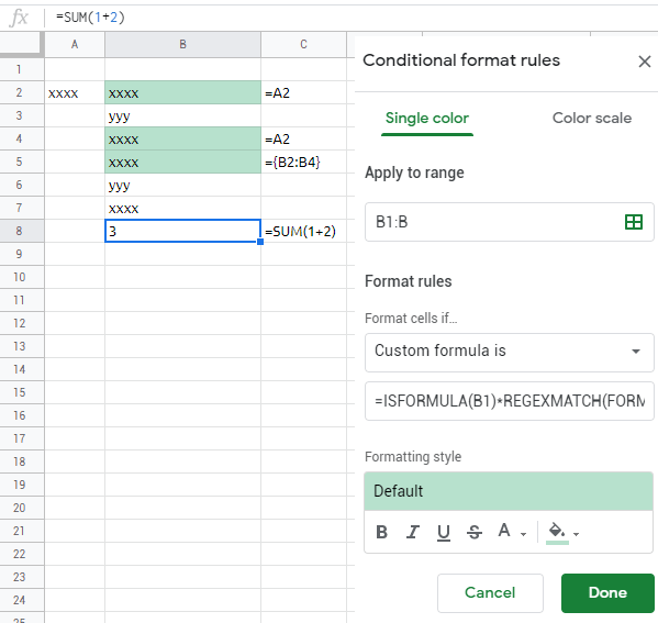 regex Google sheet conditional formatting if the cell contains ref to