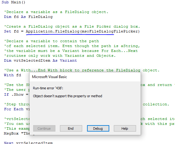 solidworks VBA Application.FileDialog() Object doesn't support