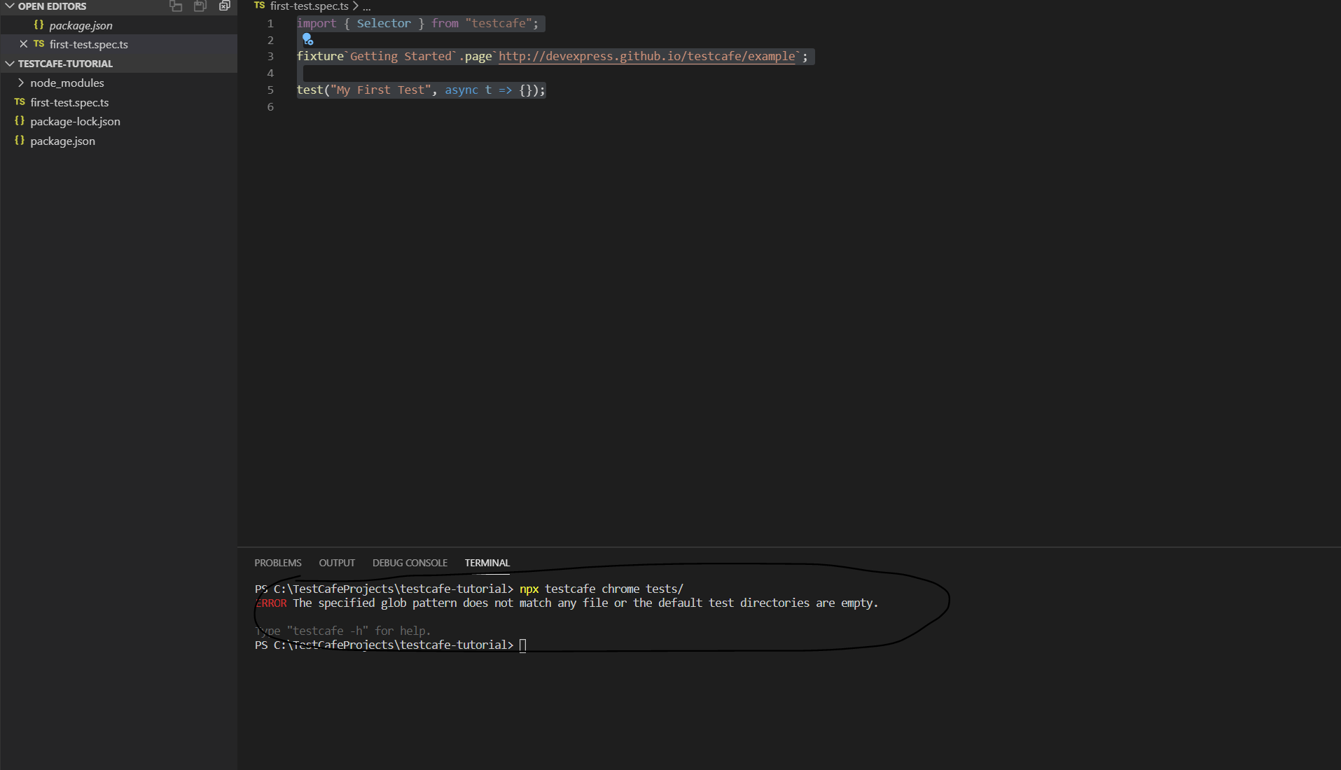 typescript The specified glob pattern does not match any file or the