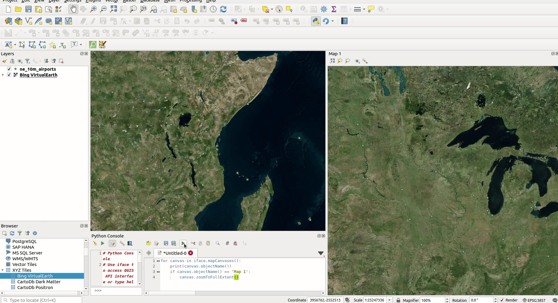 qgis Accessing an additional map view from Python Geographic