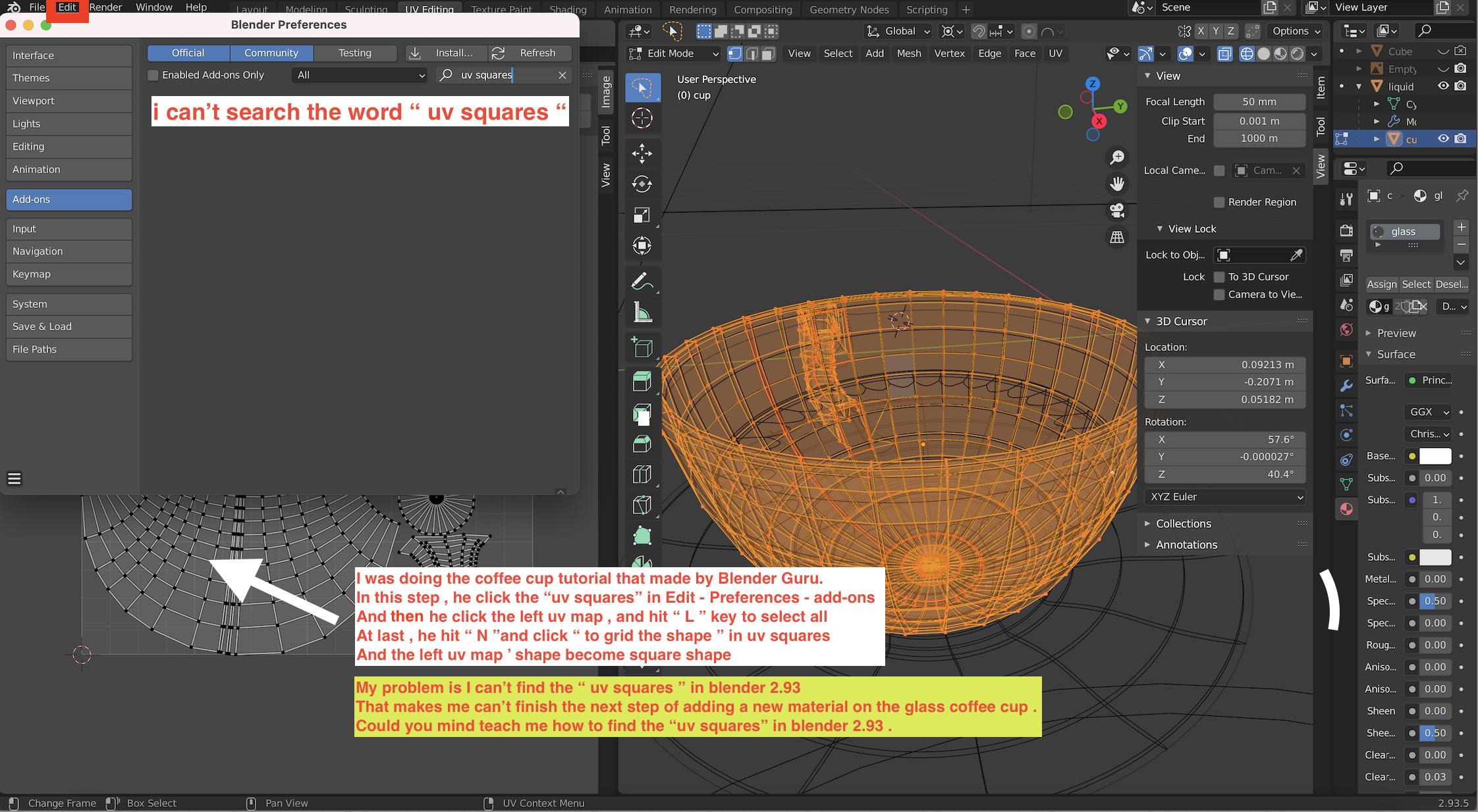 modeling Where is the uv square in blender 2.93 ? The uv squares didn
