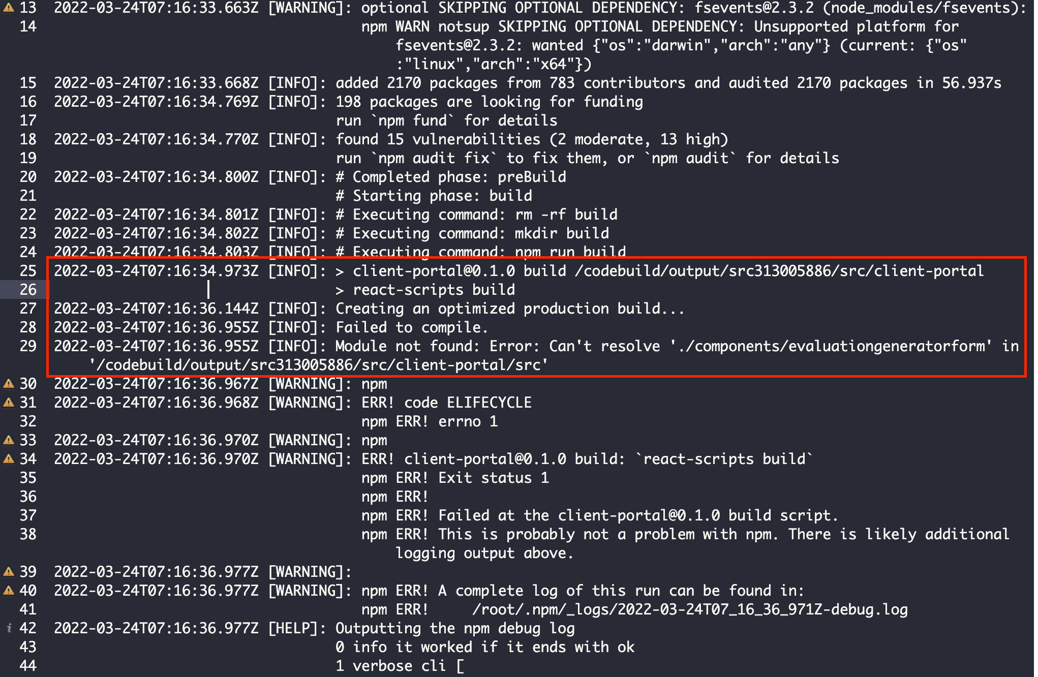 Deploying React app to AWS to Amplify : React build fail with 