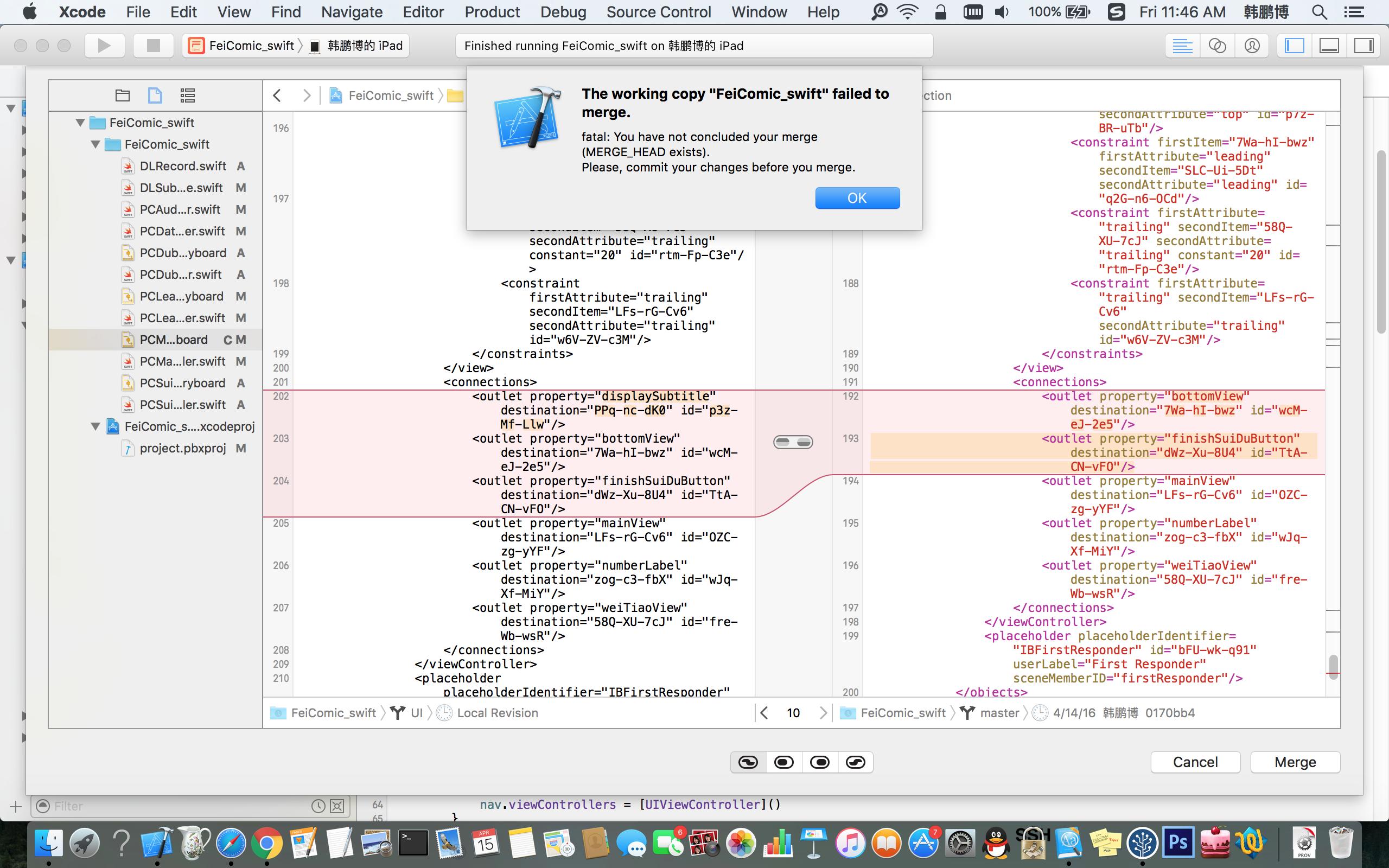 git xcode resolve merge conflicts failed Stack Overflow