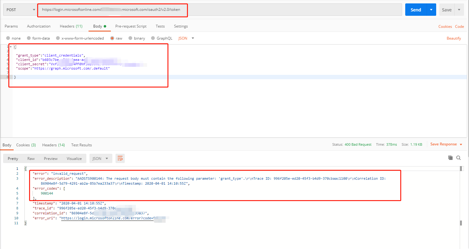 c Calling an Microsoft Graph API for token gives error "AADSTS900144 The request body must