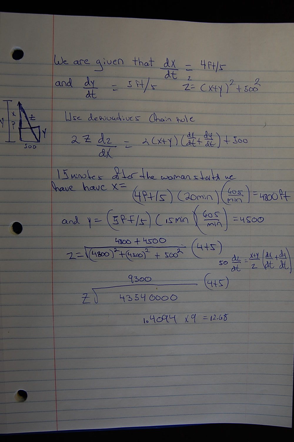 calculus Related Rates question A man starts walking north at 4 ft/s