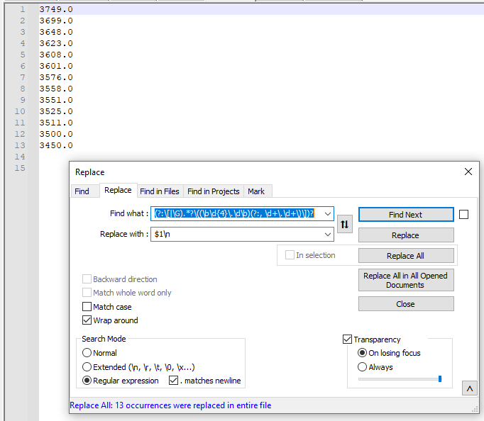 How to use notepad++ to Extract 4 digit numbers from a string of