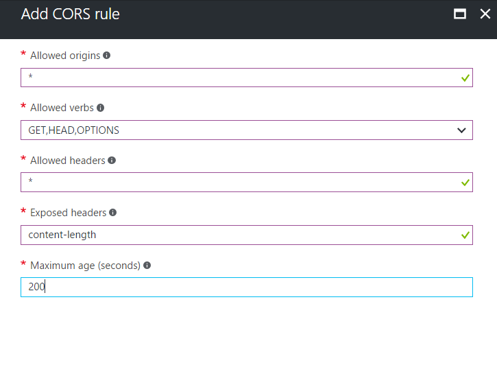 How can I set CORS in Azure BLOB Storage in Portal?