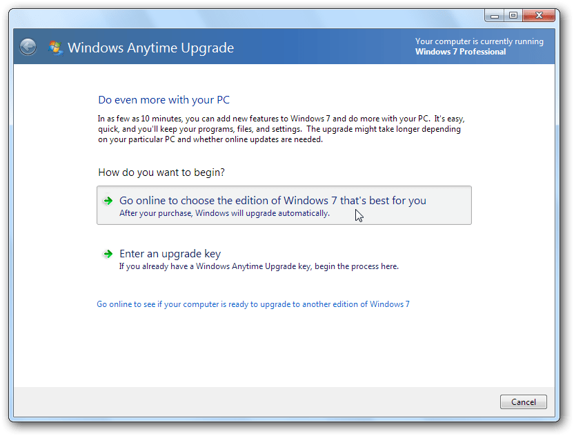 Can you still upgrade from Windows 7 Professional to Windows 7 Ultimate