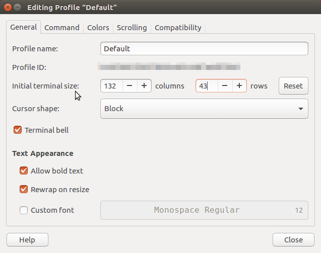 command line Setting default window size in Ubuntu 16.04 terminal