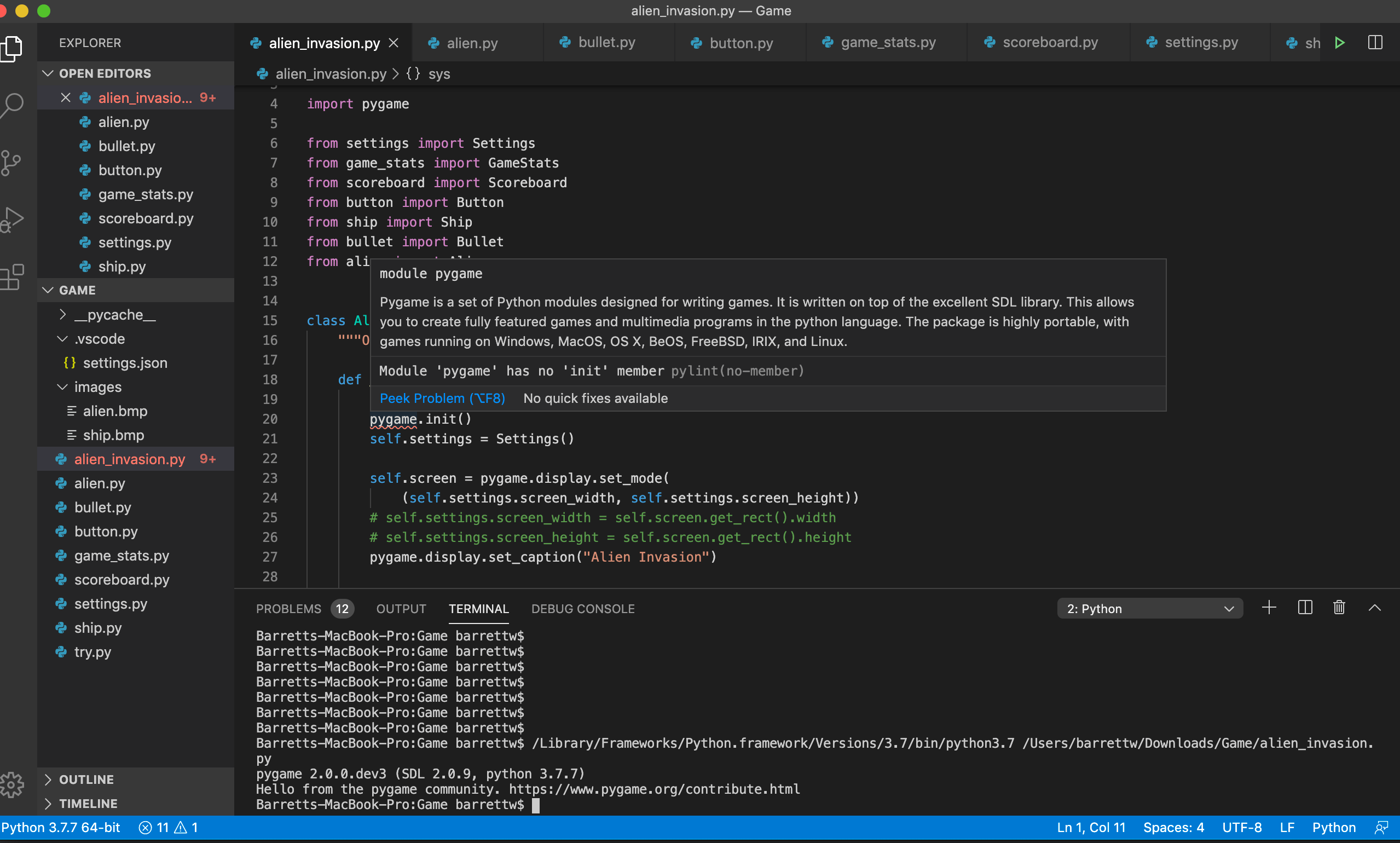 When running the my program, pygame is says 'module pygame has no