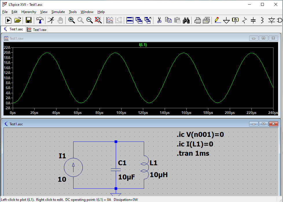 LTSpice simulación transitoria del circuito LC