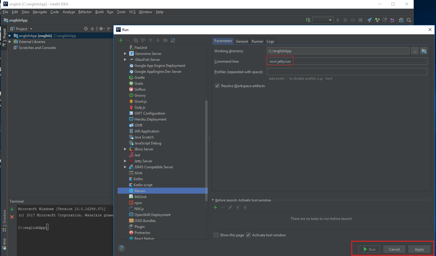 java How to run maven project on jetty in Intellij as in
