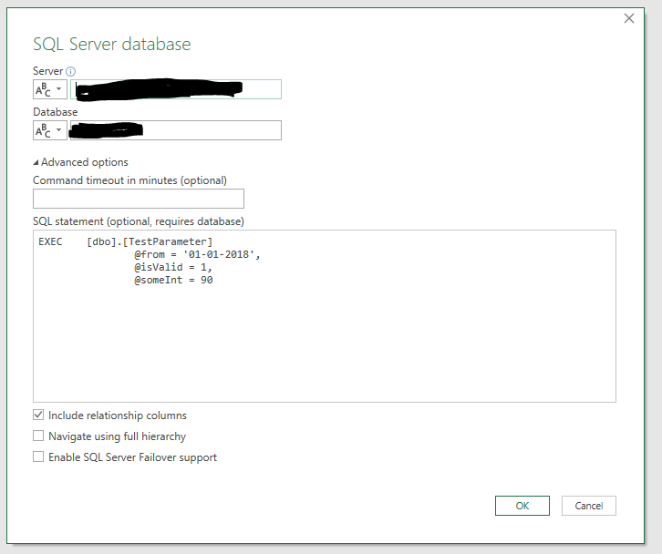 excel Use values in cells as parameters in stored procedure in power