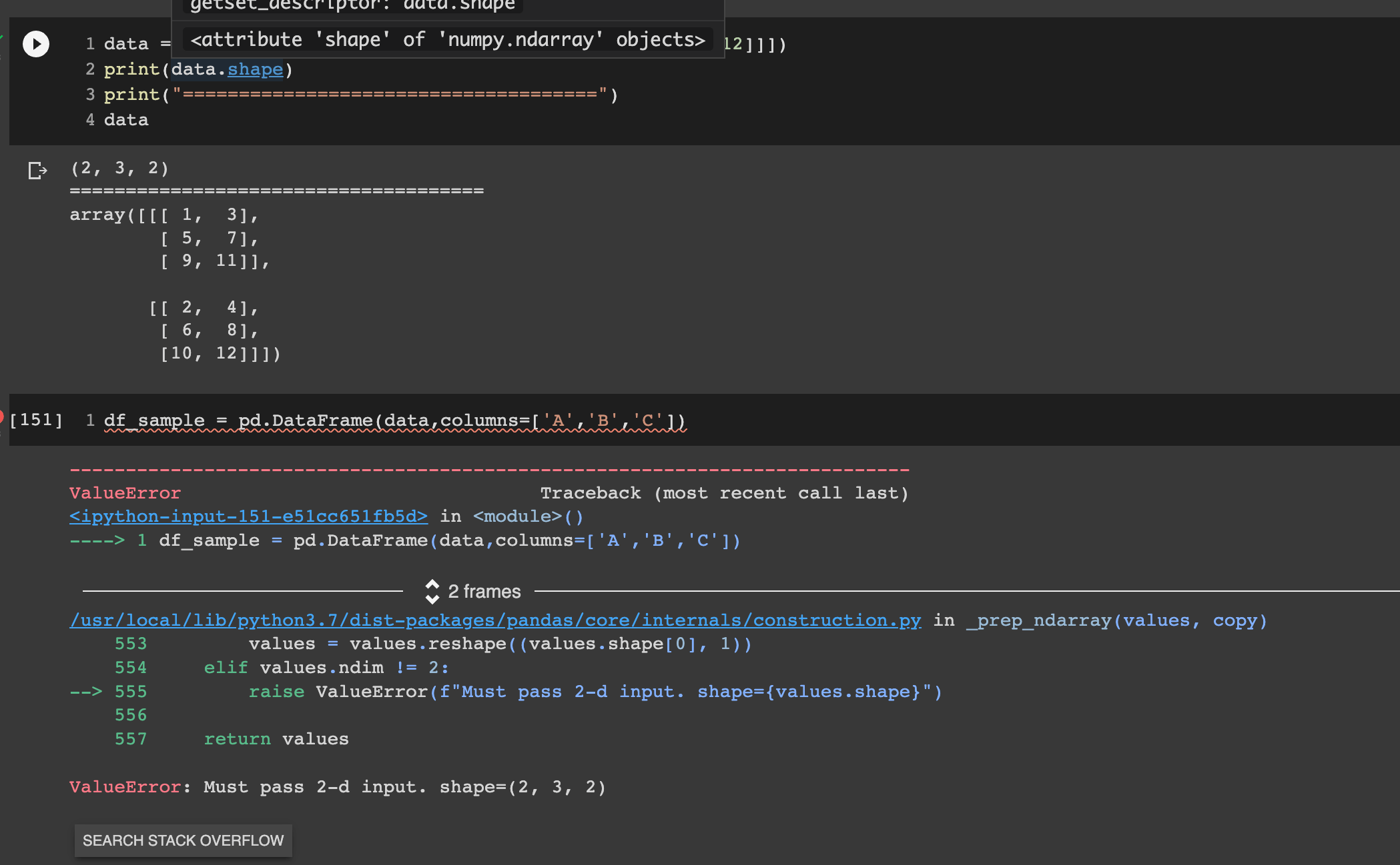python 3.x ValueError Must pass 2d input. shape=( Stack Overflow