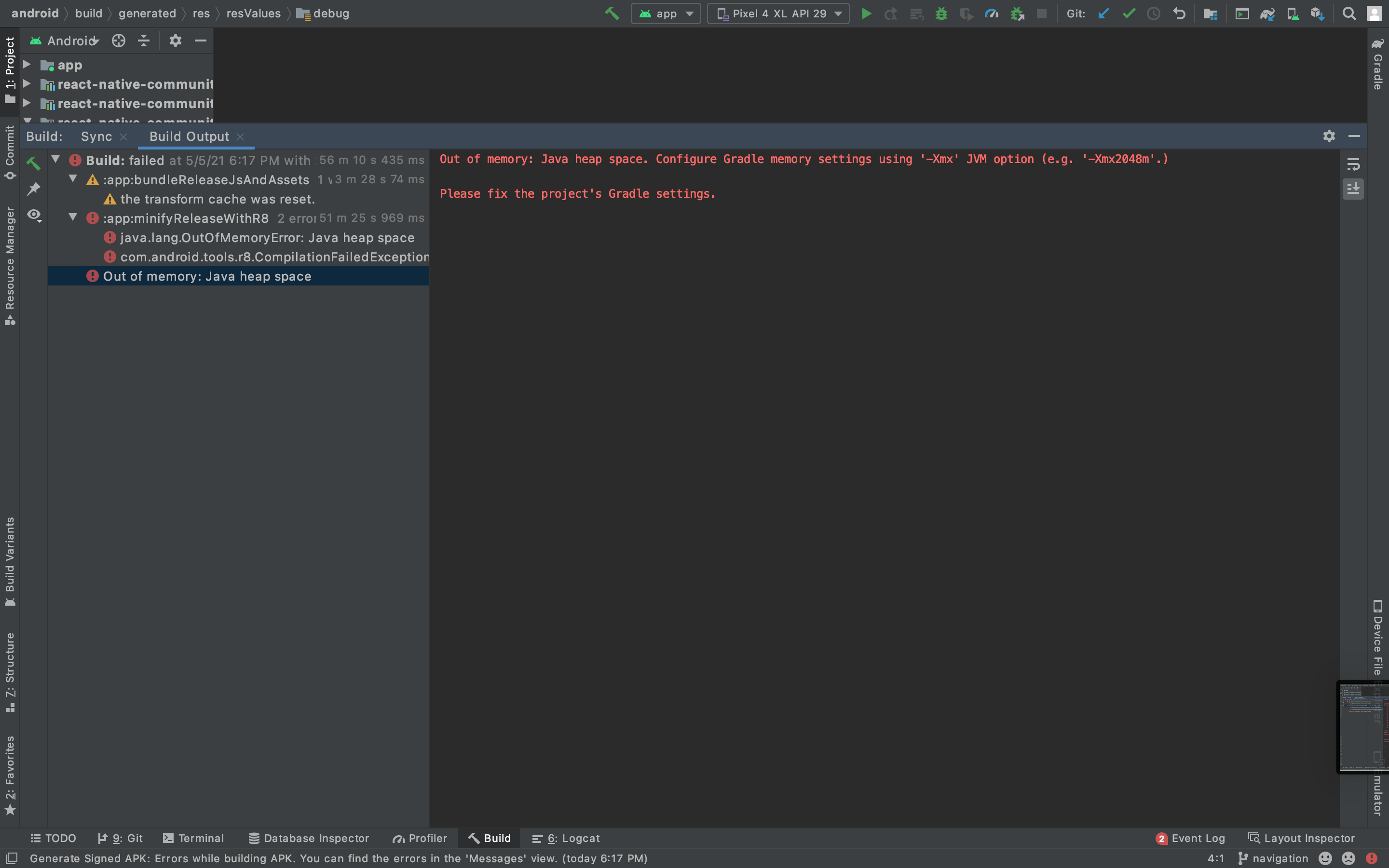 Out of memory Java heap space. Configure Gradle memory