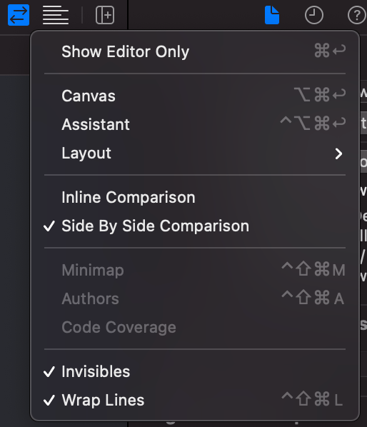 diff Where is the Xcode side by side code comparison option? Stack