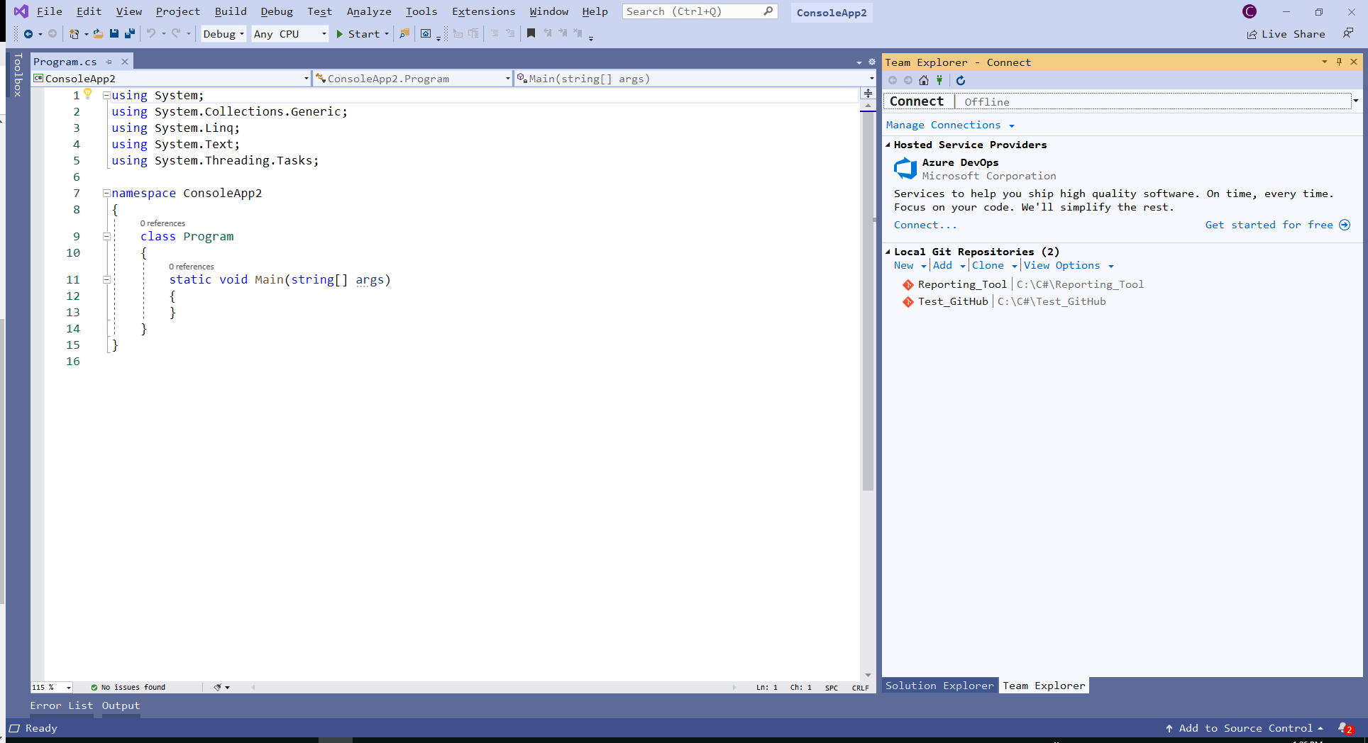 c No connection option for GitHub in Visual Studio 2019