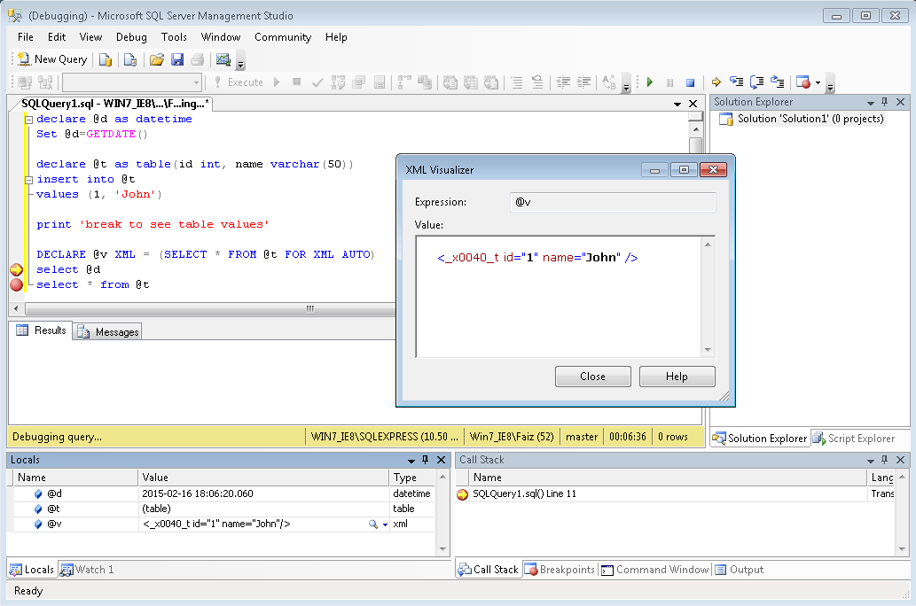 How to see the values of a table variable at debug time in TSQL