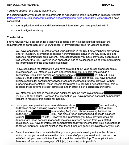 UK Visitor visa to visit my girlfriend refused under V4.2 (a) (c) & (e
