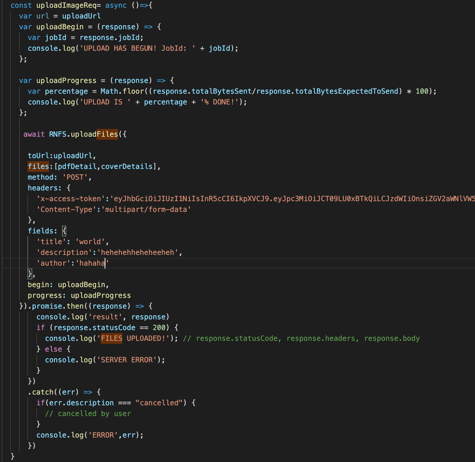 react native RNFS.upload gives unexpected end of stream