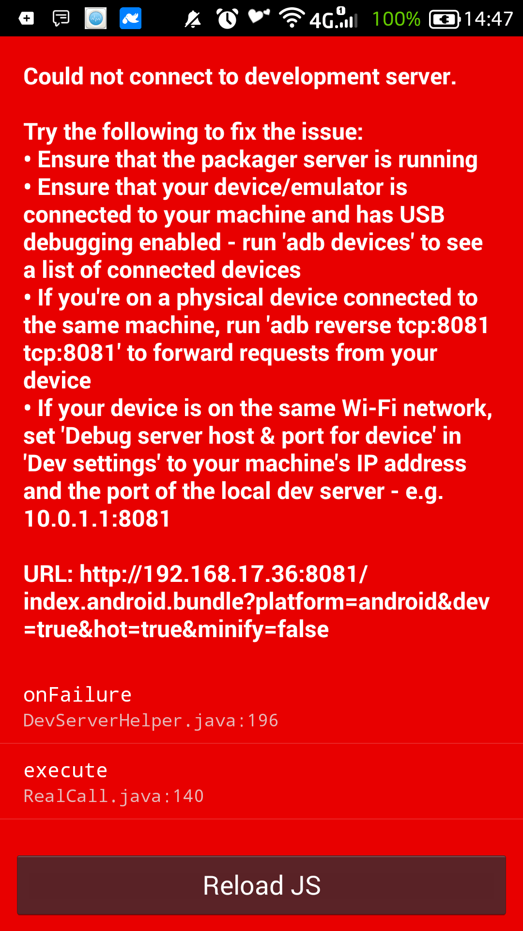 Could not connect to React Native development server on