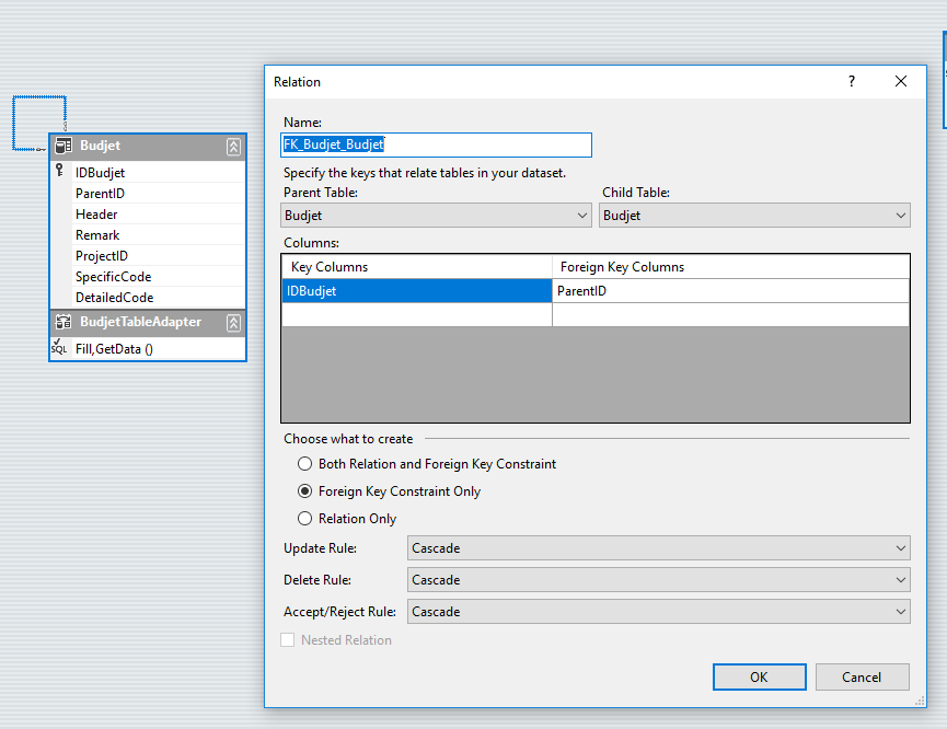 dataset Delete a row from hierarchical datatable with all related