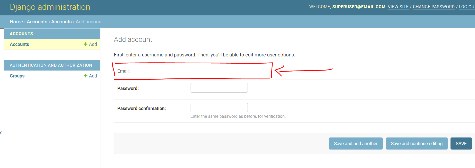 Django Custom Model, Email Field disable for filling when Create User