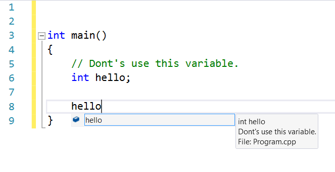 visual studio How to write C++ comments that show up in Intellisense