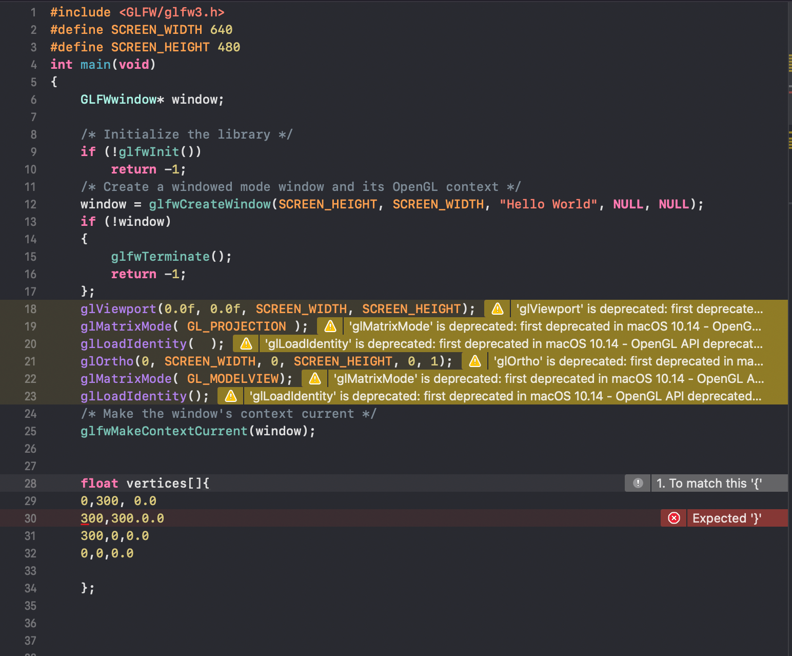 C++ openGL GLFW xcode parse expecting bracket that is already there