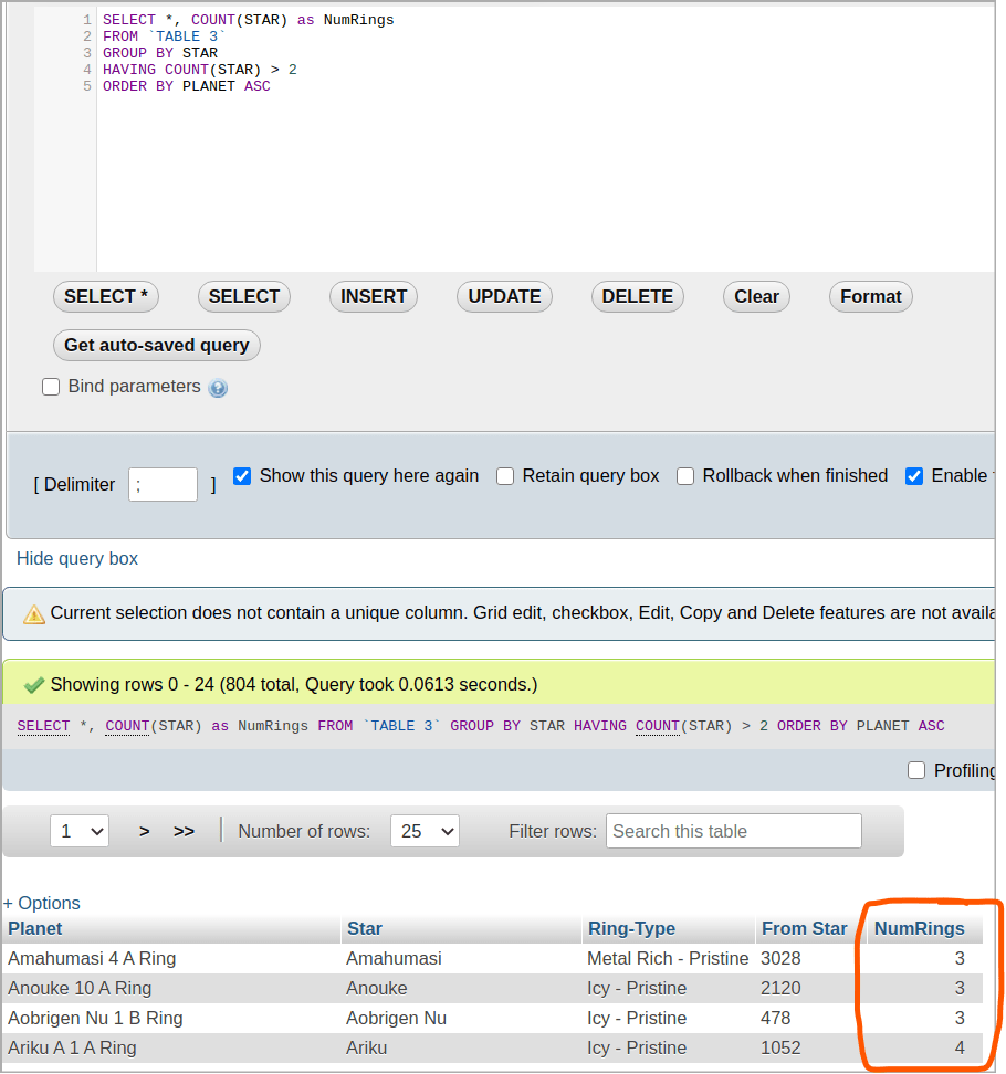 phpmyadmin How to display all rows from MySQL GROUP and HAVING