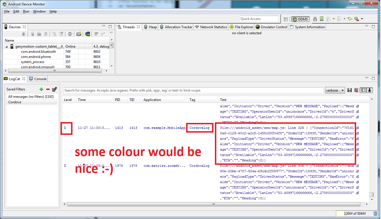 javascript cordova console.log can I set "Tag" and "Level"? Stack