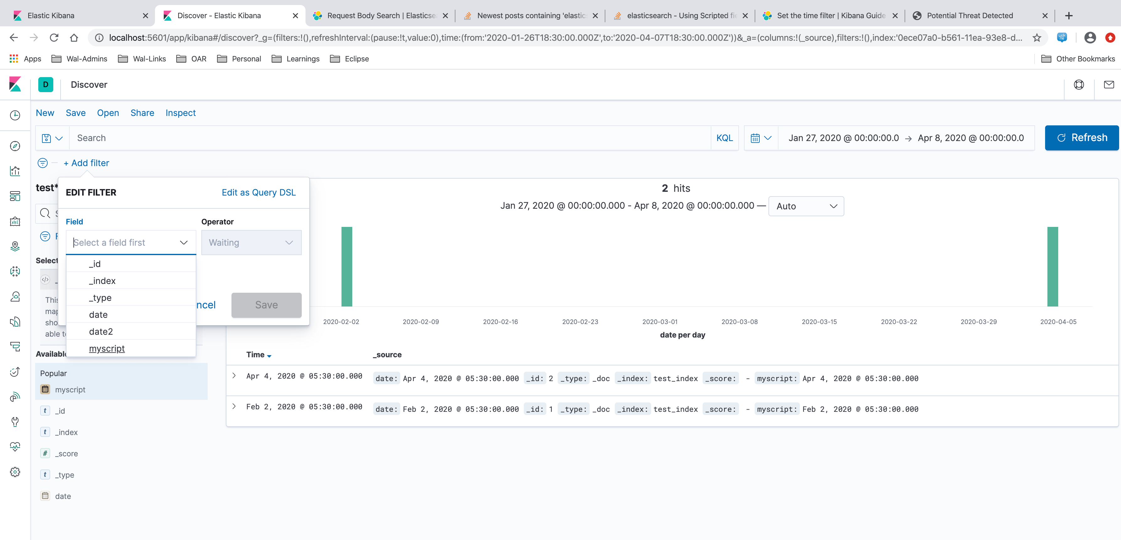 elasticsearch Using Scripted field as time variable in Kibana Stack