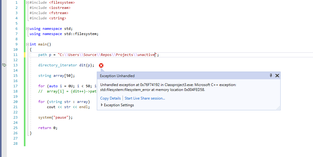 c++ directory Iterator exception on VS2019 have changed language