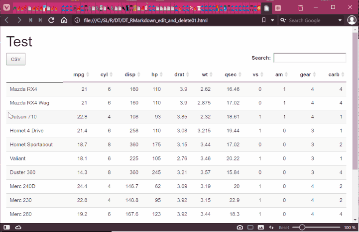 DTdatatable Select rows for deletion and write csv