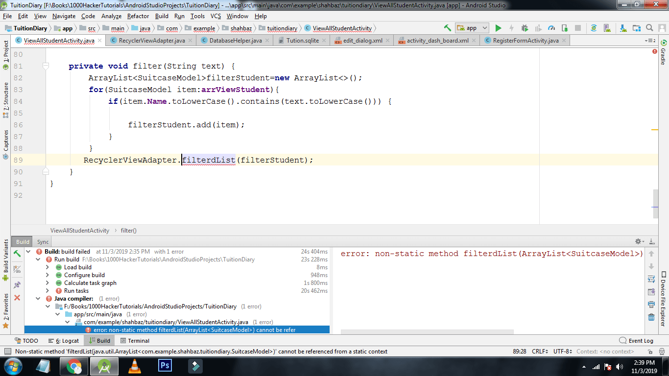 android nonstatic method filterdList(ArrayList ) cannot be