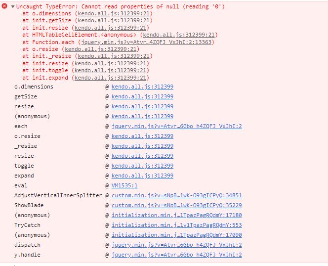jquery Cannot read properties of null (reading '0') Kendo UI Splitter