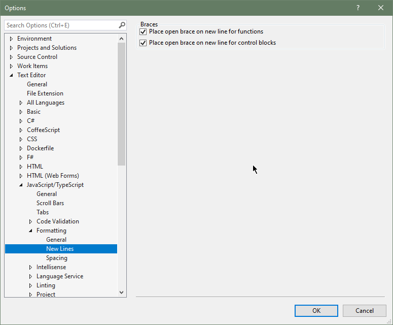 visual studio Typing closing brace in javascript auto formats the