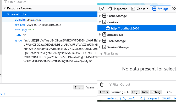 javascript axios doesn't store cookie but in response is setCookie