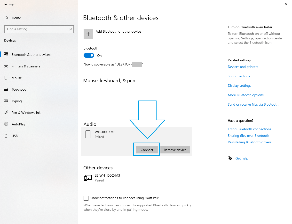 c How to connect to the paired audio Bluetooth device using Windows