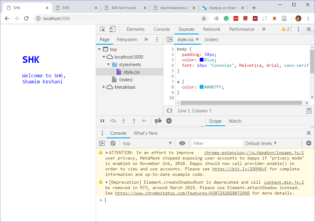 node.js nodejs express loads .css file correctly in localhost but