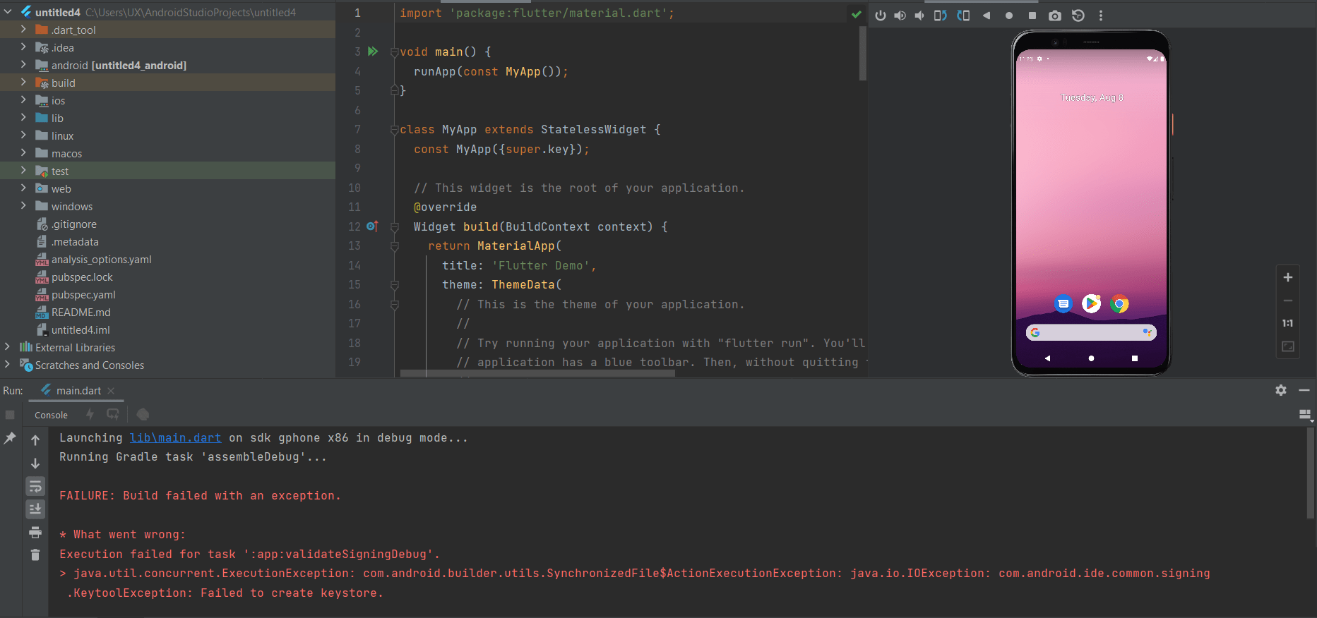 flutter Failed to create keystore Stack Overflow