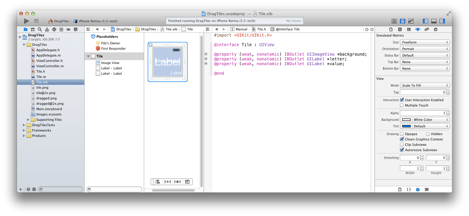 ios Instantiate several draggable tiles from Storyboard test code and screenshots attached